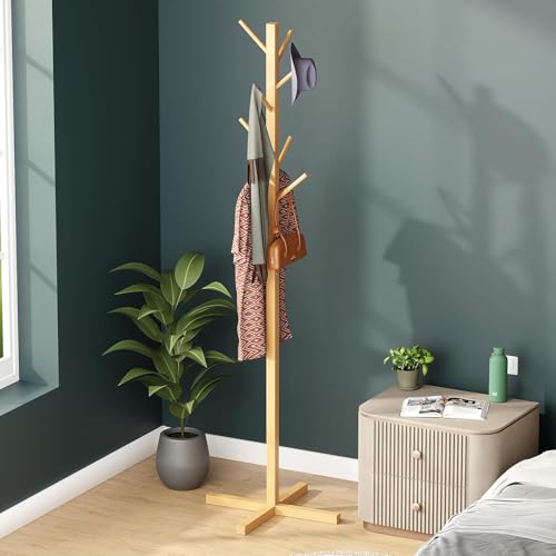 Image of Lukzer Bamboo Freestanding Coat Hanger Stand with 8 Hooks | Natural Wooden Clothes & Hat Rack | Space-Saving Floor Stand for Bedroom, Entryway, Office & Living Room | Multipurpose Organizer CH-493