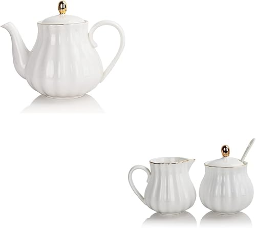 Sweejar Royal - Juego de tetera de cerámica y azúcar y crema (blanco)