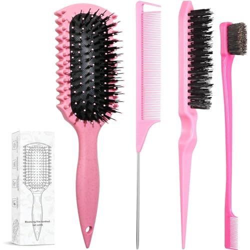 Curl Defining Brush Curly Hair Brush Products With 3 Pcs Slick Back Hair Brush Set Bristle Brush Edge Control Teasing Comb for women (Pink)