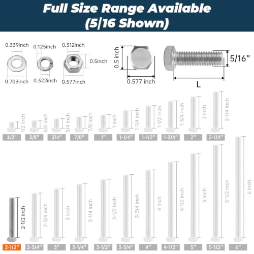 Image of 8 Sets Glvaner 5 /16-18 x 2-1 /2 inch Stainless Steel Hex Head Screws Bolts, Nuts, Flat & Lock Washers, 18-8 (304) Stainless Steel, Full Thread, Coarse Thread