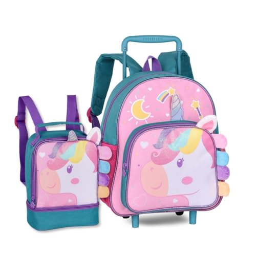 Mochila Carrinho e Lancheira Térmica Unicórnios Kit Infantil Clio Pets (Azul)