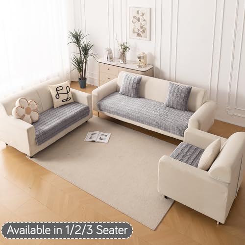 Image of HOKIPO 'Plush Haven' Premium Anti-Slip Sofa Cover Mat for 3 Seater Sofa | Soft Fluffy Plush Fabric, Light Grey (AR-5035-LGRY*1)