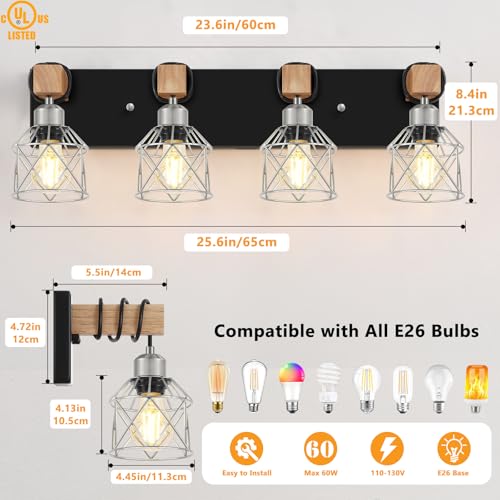 Image of FadimiKoo Farmhouse Vanity Light for Bathroom, 4-Light Rustic Wood Black Bathroom Light Fixtures with Elegant Silver Metal Cage, Vintage Vanity Lights Over Mirror for Living Room Bedroom Hallway