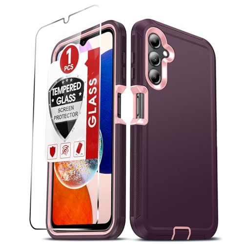 LeYi for Galaxy-A14 Case: Samsung Galaxy A14 5G Phone Case with [1 Pack] Tempered Glass Screen Protector, 3 in 1 Full Body Anti Shock Screen & Camera Protector Rugged Defender A 14 5G, Wine Red/Pink - image 1