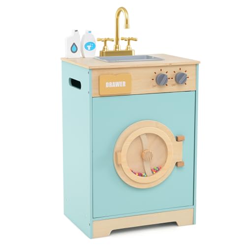 COSTWAY Toy Washing Machine Wooden Kids Washer Playset with Sink Rotating Wheel Accessories Toddler Pretend Play Kitchen Laundry Set for Boys & Girls