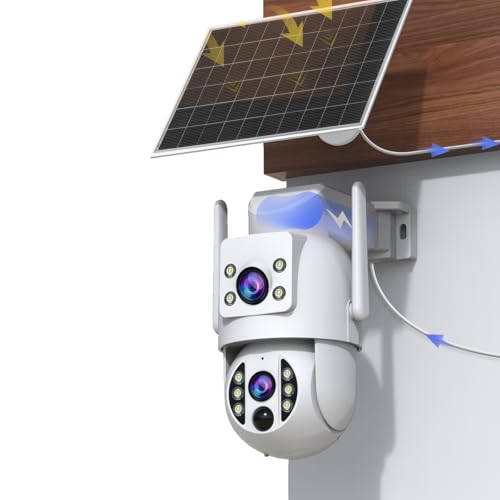 JOOAN Solar Cameras Outdoor Wireless for Home Security, 2K Dual Lens WiFi Camera 360 View 9000mah Battery Powered PIR Human Detect Alert Alarm Record, Spotlight Color Night,Cloud/Card Record