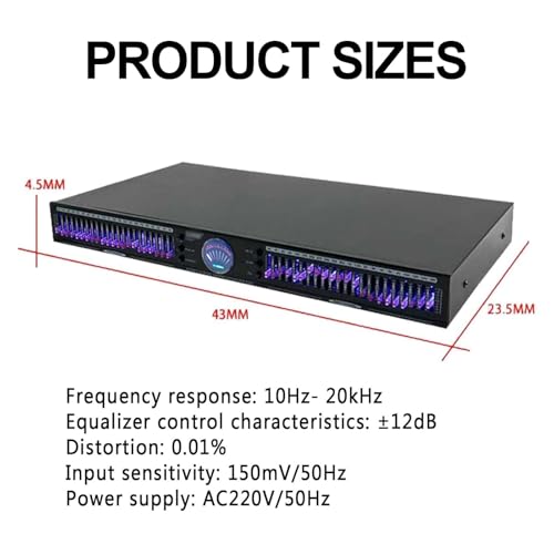 Ecualizador gráfico estéreo digital de 22 bandas, analizador de espectro LED, 1U doble canal con 10 efectos preestablecidos y reducción automática de ruido para estudio de grabación miniatura 3