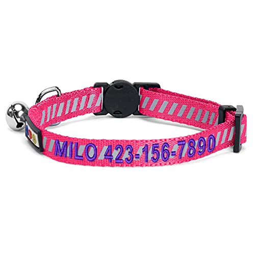 Image of Pawtitas Personalized Cat Collar with Safety Buckle and Removable Bell Cat Collar with Name Phone Number Kitten Adjustable Collar Customized Cat Collar | Pink Reflective Collar for Cats