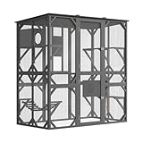 GAOMON Large Catio with Window Access, 70 Inch Outdoor Walk-in Cat Enclosure with Asphalt Roof, Scratch Post and Bridge, Catios for Cats Outdoor Patio Dark Grey