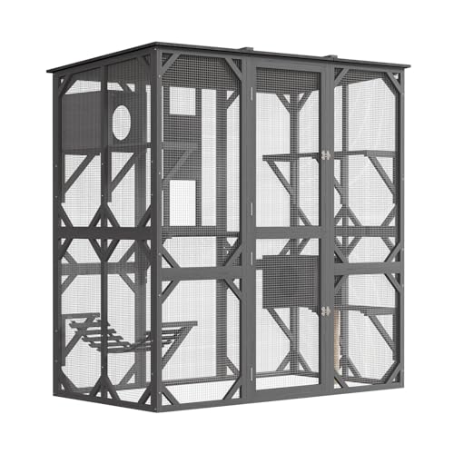 GAOMON Large Catio with Window Access, 70 Inch Outdoor Walk-in Cat Enclosure with Asphalt Roof, Scratch Post and Bridge, Catios for Cats Outdoor Patio Dark Grey