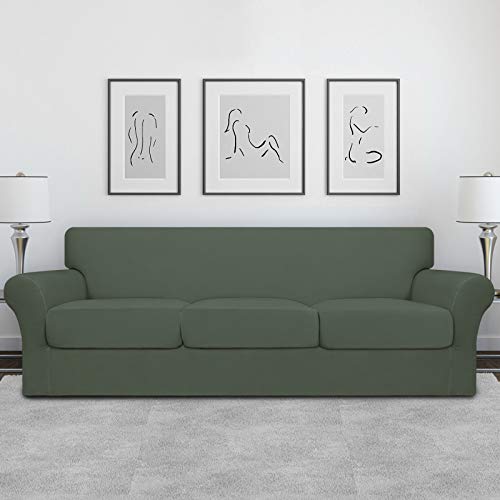 Image of Easy-Going 4 Pieces Oversized Stretch Couch Cover for Dogs Washable | Sectional Sofa Slipcover for 3 Separate Cushion Couch - Elastic Furniture Protector for Pets, Kids Greyish Green
