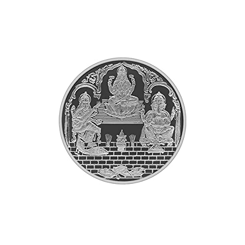Image of MAA SILVER Pure Silver Laxmi Ganpati Saraswati Trimurti BIS Hallmarked Round Coin Chandi Sikka Perfect for Gifting Investment Diwali Dhanteras (999 Purity)