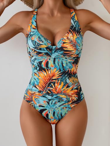 Image of B2prity Women's Underwire One Piece Swimsuit Tummy Control Ruched Bathing Suit Criss Cross V Neck Swimwear