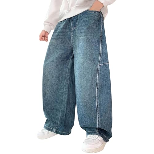 Image of TYUSGH Boys Baggy Jeans Vintage Denim Trousers Kids Casual Wide Leg Hip Hop Jean Pants Teenager Elastic Waist Loose Streetwear Y2K Straight Leg Jeans (Blue, 14-15 Years)
