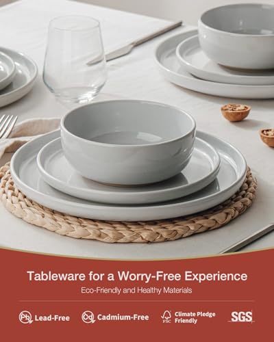 Image of Famiware Milkyway Stoneware Dinnerware Sets with Mugs, Service for 6 (24 Pieces), Plates and Bowls Sets -Scratch Resistant, Microwave and Dishwasher Safe Dishes Set, Light Gray