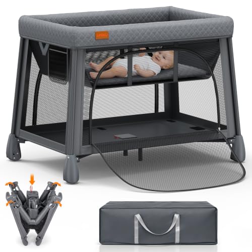 Image of UMIKU Travel Pack and Play Baby Travel Crib with Bassinet, Extra Large Foldable Portable Baby Playpen with Mattress & 2 Zipper Access, Portable Cribs Play Pen Babies Essentials Travels Bed Grey