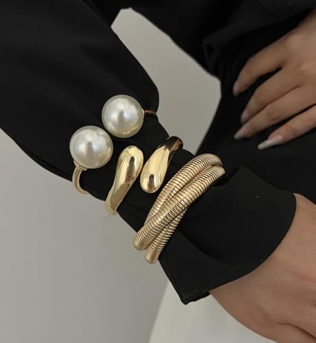 Image of Chunky Gold Bangle Bracelets for Women, Dainty 14k Gold Plated Big Stackable Bangles Set, Trendy Statement Cuff Bracelet Stack Fashion Jewelry Gifts