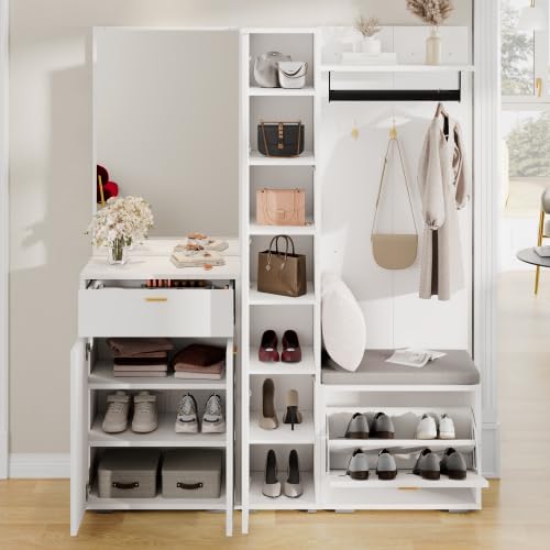 Garderobenset mit Spiegel, Kleiderstange & Sitzbank, Kompaktgarderobe mit 3 Türen, Kippfach-Schuhregal & Schublade, Weiß, 150x36x180 cm für Diele, Flur, Eingangsbereich