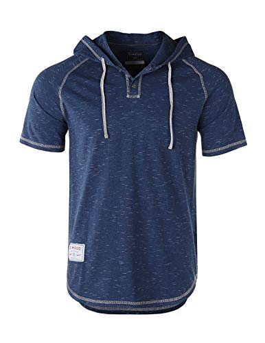 ZIMEGO Mens Color Block Short Sleeve Casual Fashion Hip Hop Hooded Henley Shirt Navy