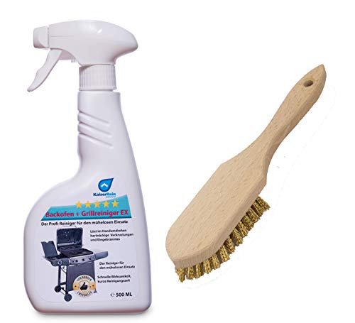 KaiserRein 0,5L Grillreiniger und Backofenreiniger mit Grillbürste, Holz, spitze Form, Messing als starker Fettlöser für Grill und Ofen I Grillrost Reiniger für Gasgrill I Backofen Reiniger