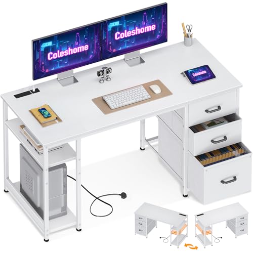 Coleshome 130cm Computer Desk with 1 Filing Cabinet and 2 Fabric Drawers, Small Office Desk with...