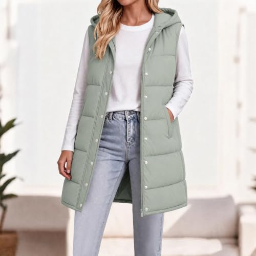 XOGWVJ Womens Long Vests Sleeveless Outerwear Womens Puffer Vest Long Hooded Sleeveless Coat Winter Warm Quilted Zip Up Jacket with Pockets Casual Cold Outerwear Green XL - image 9