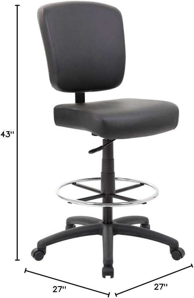 Scranton & Co Heavy Duty Wide Seat Drafting Stool, Black Caressoft Upholstery, Adjustable Seat Height, 275 lb Capacity, Chrome Footring, Sturdy Nylon Base, Comfortable Office or Drafting Chair