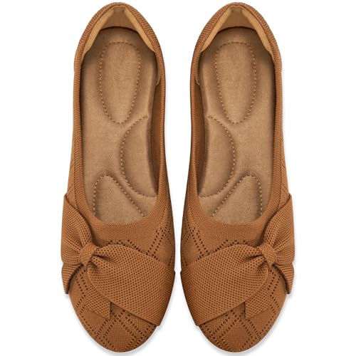 HARENCE Ballet Flats Shoes for Women: Dressy Bow Knit Flats Comfortable Slip On Walking Shoes for Wedding Working Driving Brown