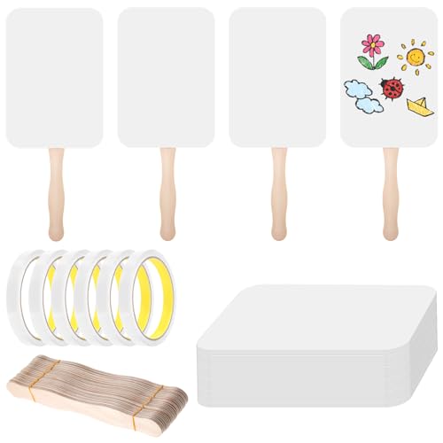 50 Sets DIY Church Fans Kit, Handmade Craft Paper Fans Making Supplies Include Wooden Handles, Blank Cardstock & Adhesive Tape, for Wedding, Graduation, Church Events, Party (White, 11 x 8.3 Inches)