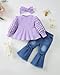 Renotemy Size 4T 5T Girls Clothes Fall Winter Outfit Little Girl Clothes 4-5 Year Old Girl Gifts Ruffle Puff Bubble Sleeve Knit Peplum Sweatshirt Flared Bell Bottom Jeans Matching Outfits Set Purple