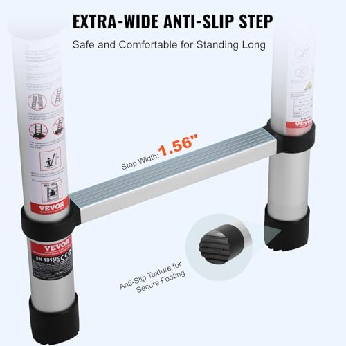 VEVOR Teleskopleiter, 2,6 m Lange, Ausziehleiter aus Alu,klappbare Leiter mit EIN-Knopf-Einzug, 160 kg Tragkraft mit rutschfesten Füßen, tragbare Kompaktleiter für Zuhause, Wohnmobil, Dachboden