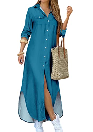 OMZIN Mujeres Maxi Vestidos De Camisa con Mangas Enrolladas y Botones Verano Casual Lino Playa Cubrir con Bolsillos Azul Pavo Real M Cover