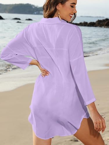 Image of POGTMM Women's Swimsuit Cover Up 3 /4 Sleeve Button Down Shirt Dress