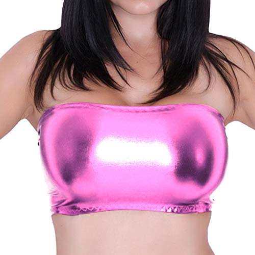 Women's Shiny Metallic Strapless Crop Tube Top Rave Bandeau Bra -  Pink -  S
