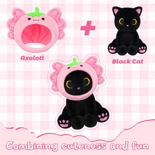 Image of Axolotl Plush Toys, 8inch Kawaii Black Cat Wear Strawberry Plush Hood | Cute Plushies for Girls Soft Stuffed Animal Doll, Axolotl Birthday Gifts for Kids Boys Adults, Room Decor