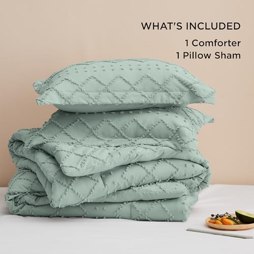 Image of Bedsure Twin Comforter Set - Sage Green Comforter, Boho Tufted Distressed Vintage Bedding for Kids, 2 Pieces Farmhouse-Style Bed Set for All Seasons, Fluffy Soft Bedding with 1 Pillow Sham