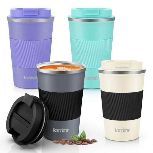 KETIEE Insulated Travel Mug 12oz, 4PCS Travel Coffee Mug Spill Proof with Seal Lid, Reusable Coffee Mug to Go, Coffee Tumbler, Double Wall Vacuum Stainless Steel Coffee Cups for Hot/Iced G5-