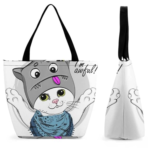Sac à bandoulière chat blanc grand sac de shopping et voyage femme