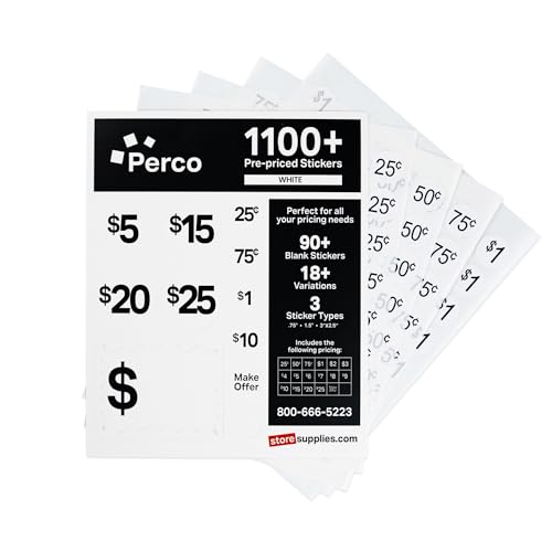 Perco Garage Sale Price Stickers - 28 Sheets, 1,100 Pre-Priced & Blank White Stickers - Easy-to-Read Price Tags for Effective Pricing - Ideal for Yard Sales, Flea Markets, County Fairs & Retail Use