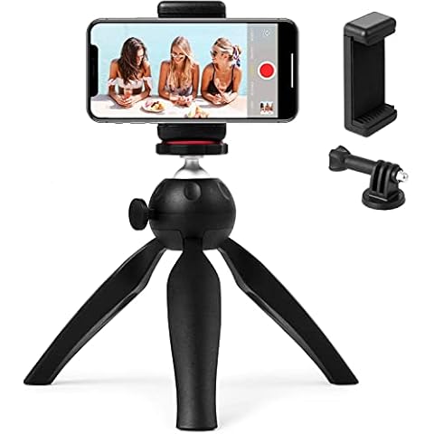 Polarduck Mini Tripod, Mobile Phone Tripod, Vlogging Tripod Compatible with iPhone/Compact DLSR/Samsung/Android/Webcam/Projector with Universal Phone Holder & GoPro Mount, 360° Rotation, Black Cover