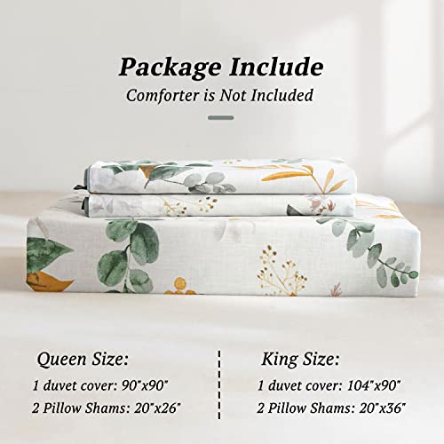 Mildly Pattern Duvet Cover Set - 100% Washed Cotton Garden Floral Botanical Flower Leaves Bedding Set 3 Pieces Queen Size Linen Feel Breathable Comforter Cover With Zipper Ties #TOP6