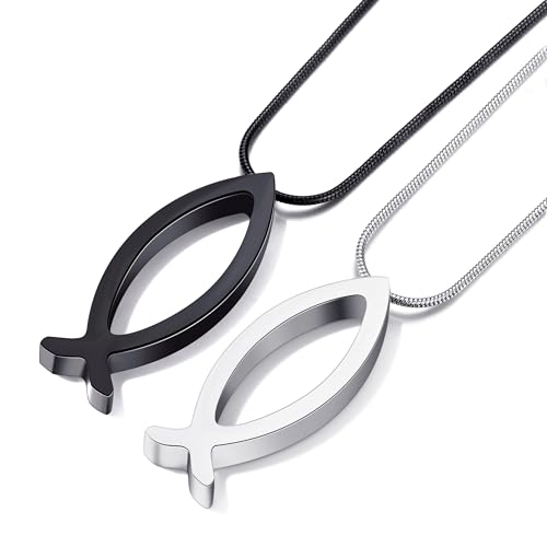 MOO&LEE Ichthys Pendant Necklace Jesus Fish Necklace for Men and Women with Stainless Steel Snake Chain Christian Symbol Religious Jewellery