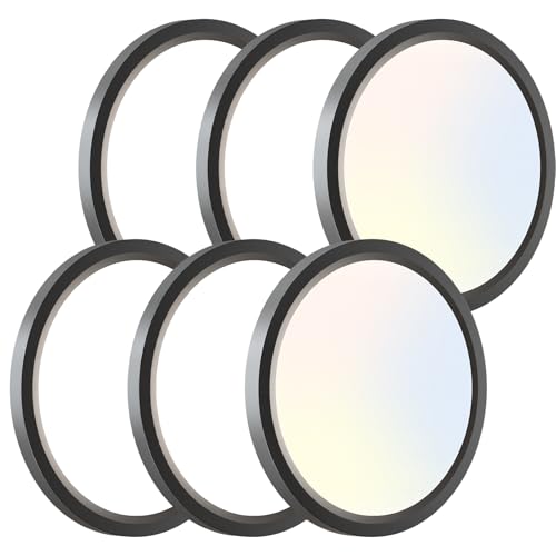 zemty 6Pack LED Ceiling Light Fixture 6.5 Inch 12W 1200lm Ceiling Mount Light Fixtures Adjustable 3000K 4000K 6500K Round Flat Ceiling Lamp for Bathroom Closet Hallway Laundry (Black)