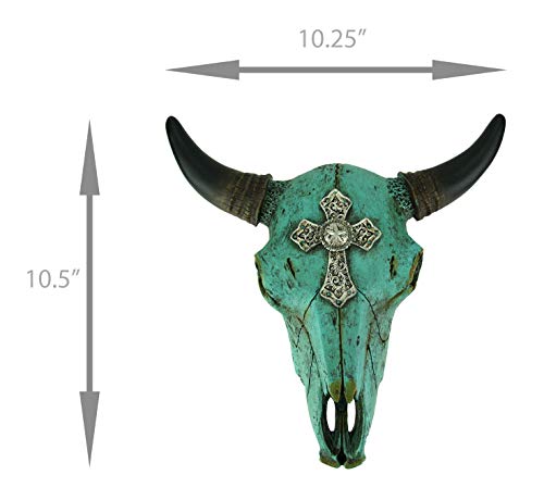 De Leon Collections Southwestern Turquoise With Concho Cross Distressed Carved Cow Bull Steer Skull Hanging Wall Décor #TOP3