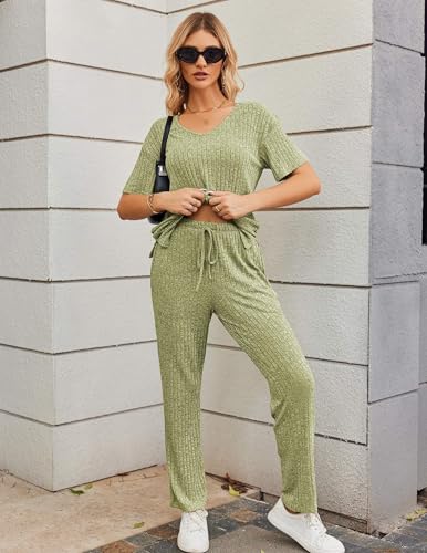 Image of Ekouaer Womens Ribbed Knit Lounge Set Short Sleeve Top and Long Pants Sleepwear Pajama Set Two Piece Matching Outfits Set