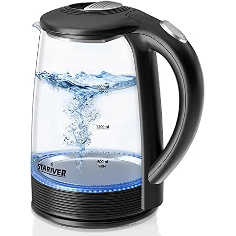Stariver Electric Kettle, 2L Electric Tea Kettle, BPA-Free Glass Kettle with LED, Hot Water Kettle with Fast Boil, Auto Shut-Off & Boil-Dry Protection, Stainless Steel Inner Lid & Bottom, Black Cover