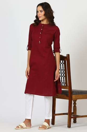 Image of W for Woman Lilac Mandarin Collar Cotton Blend Straight Kurta