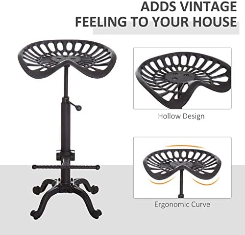 Cast Iron Vintage Industrial Bar Stool - Rustic Swivel Tractor Seat Shabby Chic Metal Barstool - Adjustable Height and Vintage Bar Pub Seating for Home, Kitchen, Outdoor, Decking, Breakfast