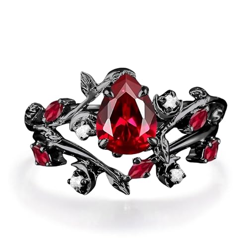 Pear/Kite/Hexagon Ruby Rings Set for Women 10K 14K 18K Gold Created Ruby Gemstone Inspired Anniversary Wedding Band Available in Rose/Yellow/White/Black Color Size 4-12