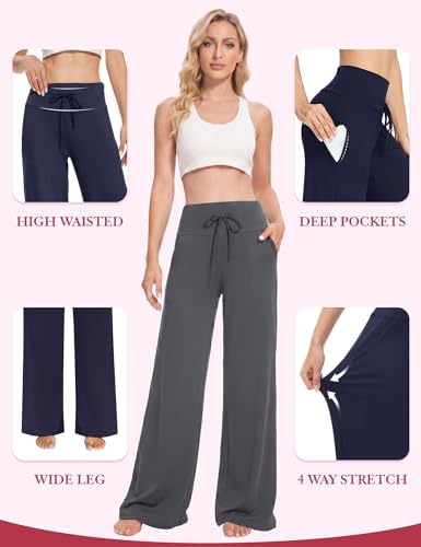 Image of Showitty 1 /3 Pack Women's Wide Leg Pants with Pockets, Casual Loose Pajama Palazzo Trousers Sweatpants for Yoga Lounge